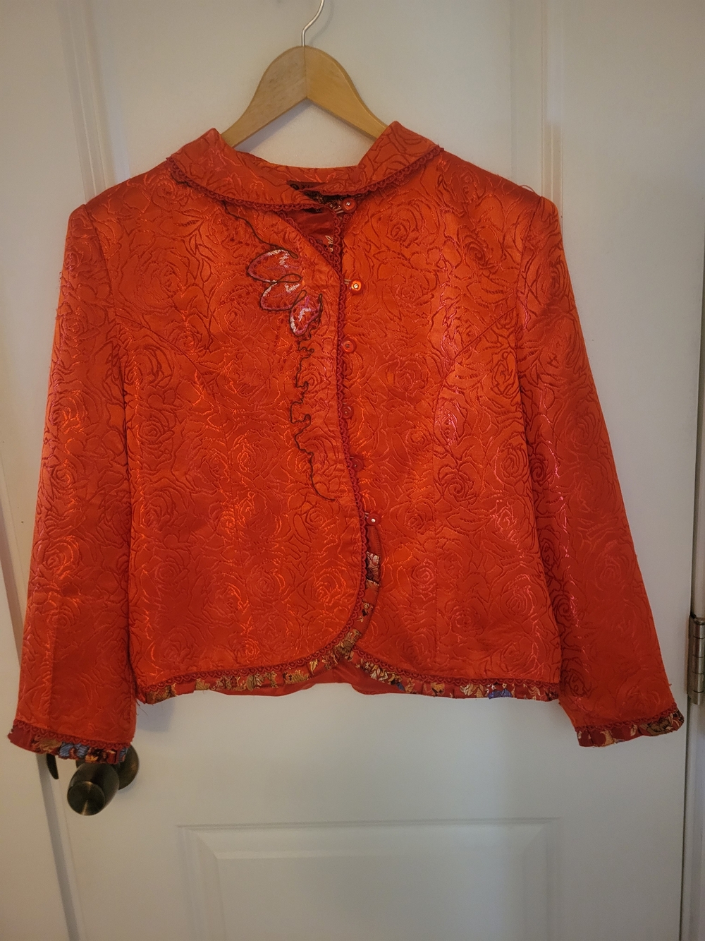 Women's Authentic Chinese Silk Brocade Orange Embroidered Floral Jacquard Jacket
